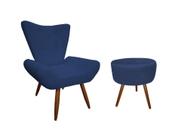 Kit Poltrona Decorativa Emilia + Puff Redondo Suede Azul Marinho Pés Madeira Mz Decor
