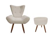 Kit Poltrona Decorativa Emilia + Puff Redondo Suede Bege Pés Madeira Ms Decor
