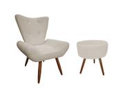 Kit Poltrona Decorativa Emilia + Puff Redondo Suede Bege Pés Madeira Mz Decor