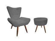 Kit Poltrona Decorativa Emilia + Puff Redondo Suede Cinza Pés Madeira Mz Decor