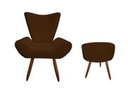 Kit Poltrona Decorativa Emilia + Puff Redondo Suede Marrom Pés Madeira Ms Decor