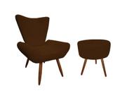 Kit Poltrona Decorativa Emilia + Puff Redondo Suede Marrom Pés Madeira Mz Decor