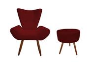 Kit Poltrona Decorativa Emilia + Puff Redondo Suede Marsala Pés Madeira Ms Decor