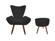 Kit Poltrona Decorativa Emilia + Puff Redondo Suede Preto Pés Madeira Ms Decor
