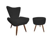 Kit Poltrona Decorativa Emilia + Puff Redondo Suede Preto Pés Madeira Mz Decor