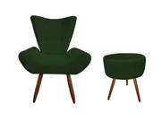 Kit Poltrona Decorativa Emilia + Puff Redondo Suede Verde Pés Madeira Ms Decor