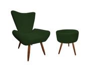 Kit Poltrona Decorativa Emilia + Puff Redondo Suede Verde Pés Madeira Mz Decor