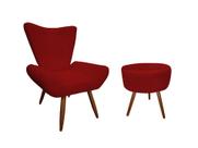 Kit Poltrona Decorativa Emilia + Puff Redondo Suede Vermelho Pés Madeira Mz Decor