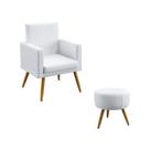 Kit Poltrona Decorativa Estofada Para Sala De Estar Nina Com Rodapé e Puff Solar Couro Branco Aradecor