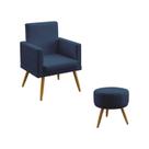 Kit Poltrona Decorativa Estofada Para Sala De Estar Nina e Puff Solar Com Rodapé Sued Azul Marinho Aradecor