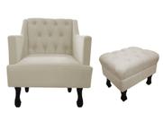 Kit Poltrona Decorativa Julia + Puff Luis Xv Suede Bege Pés Madeira Mz Decor