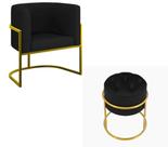Kit Poltrona Decorativa Luxo Base de Metal Dourada e Puff Capitone Suede Preto Eli Móveis e Decoração Kit Poltrona Decorativa Luxo Base de Metal Dourada e Puff Capitone Suede Preto Eli Móveis e Decoração