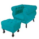 Kit Poltrona Decorativa Maya Mais Puff Baú Retrô Pés Luis XV Suede Azul Turquesa - DS Estofados