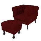 Kit Poltrona Decorativa Maya Mais Puff Baú Retrô Pés Luis XV Suede Bordô - DS Estofados