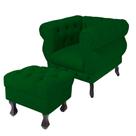 Kit Poltrona Decorativa Maya Mais Puff Baú Retrô Pés Luis XV Suede Verde - DS Estofados