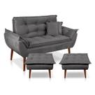 Kit Poltrona Decorativa Namoradeira 2 Puffs Opala e 2 Almofadas Suede Cinza Escuro LM Decor