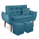 Kit Poltrona Decorativa Namoradeira 2 Puffs Quadrado e 2 Almofadas Suede Azul Claro LM Decor