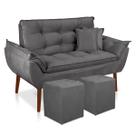 Kit Poltrona Decorativa Namoradeira 2 Puffs Quadrado e 2 Almofadas Suede Cinza Chumbo LM Decor