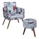 Kit Poltrona Decorativa Nina com Rodapé e Puff Banqueta Redondo Classic Tecido Suede Paris Vermelho Pés Madeira Palito