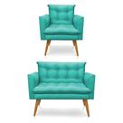 Kit Poltrona e Namoradeira 2 Lugares Olivia Suede Azul Turquesa Pés Palito Castanho - Pallazio