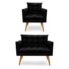 Kit Poltrona e Namoradeira 2 Lugares Olivia Suede Preto Pés Palito Castanho - Pallazio