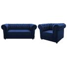 Kit Poltrona e Namoradeira Chesterfield Ana Suede Azul Marinho - Doce Sonho Móveis