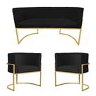 Kit Poltrona e Namoradeira Luana Base Metálica Dourada Suede Preto - Belliv Decor
