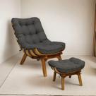 Kit Poltrona e Puff com Base de Madeira Suede Costela Cinza Chumbo