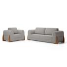 Kit Poltrona E Sofá Bloom 160cm 02 Lugares Com Pés De Madeira Bouclê Cinza - Abmaza