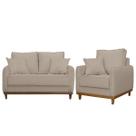 Kit Poltrona e Sofa Sena 2 Lugar Base de Madeira para Sala Hotel Linho Bege