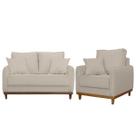 Kit Poltrona e Sofa Sena 2 Lugar Base de Madeira para Sala Hotel Linho Palha
