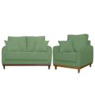 Kit Poltrona e Sofa Sena 2 Lugar Base de Madeira para Sala Hotel Linho Verde