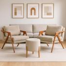 Kit Poltrona Mona Luxo Base Madeira Puff Thor Linho Bege Recepçao Sala Kit Poltrona Mona Luxo Base Madeira Puff Thor Linho Bege Recepçao Sala