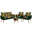 Kit Poltrona Namoradeira e 2 Poltronas Beta com Puff Solar Suede Estampado Colorido com Verde Aradec