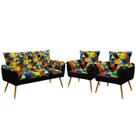 Kit Poltrona Namoradeira e 2 Poltronas Beta Sued Estampado Colorido com Preto Aradecor