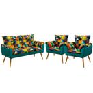 Kit Poltrona Namoradeira e 2 Poltronas Beta Suede Estampado Colorido com Azul Turquesa Aradecor