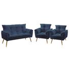 Kit Poltrona Namoradeira e 2 Poltronas Decorativas Almofadadas Beta Sued Azul Marinho Aradecor