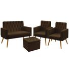 Kit Poltrona Namoradeira e 2 Poltronas Decorativas Almofadadas Nina Rodapé com Puff Quasar Botões Sued Marrom Aradecor
