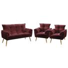 Kit Poltrona Namoradeira e 2 Poltronas Decorativas Almofadadas Opala Sued Bordô Aradecor