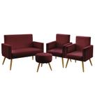 Kit Poltrona Namoradeira e 2 Poltronas Decorativas Almofadas Vega Com Rodapé Puff Solar Sued Bordô Aradecor