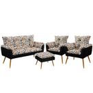 Kit Poltrona Namoradeira e 2 Poltronas Decorativas Beta com Puff Lunar Sued Estampado Laranja com Pr