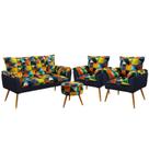 Kit Poltrona Namoradeira e 2 Poltronas Decorativas Beta com Puff Solar Sued Estampado Colorido com A