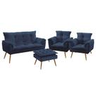 Kit Poltrona Namoradeira e 2 Poltronas Decorativas Beta Puff Lunar Sued Azul Marinho Aradecor