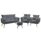 Kit Poltrona Namoradeira e 2 Poltronas Decorativas Estofada Beta Puff Solar Sued Cinza Aradecor