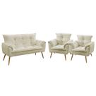 Kit Poltrona Namoradeira e 2 Poltronas Decorativas Estofada Beta Sued Bege Aradecor