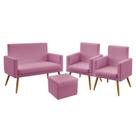 Kit Poltrona Namoradeira e 2 Poltronas Decorativas Estofada Nina Com Rodapé com Puff Quasar Sued Rosê Aradecor