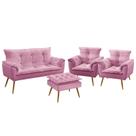 Kit Poltrona Namoradeira e 2 Poltronas Decorativas Estofada Opala Puff Lunar Sued Rosê Aradecor