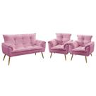 Kit Poltrona Namoradeira e 2 Poltronas Decorativas Estofada para Sala de Estar Beta Sued Rosê Aradec