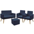 Kit Poltrona Namoradeira e 2 Poltronas Decorativas Nina Com Rodapé com Puff Quasar com Botões Sued Azul Marinho Aradecor