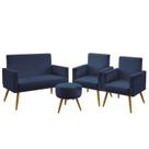 Kit Poltrona Namoradeira e 2 Poltronas Decorativas Nina Com Rodapé Puff Solar Sued Azul Marinho Aradecor